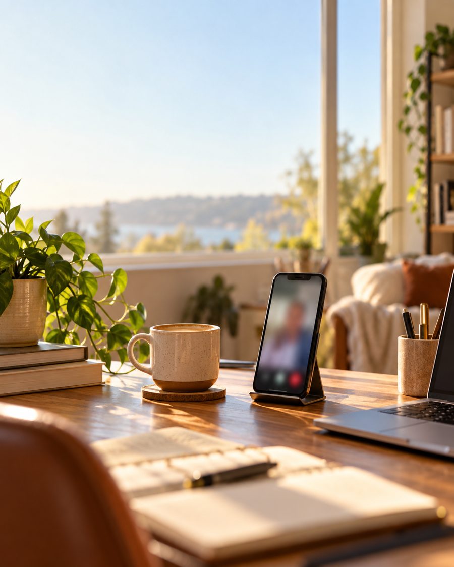 Celular com chamada de vídeo sobre a mesa