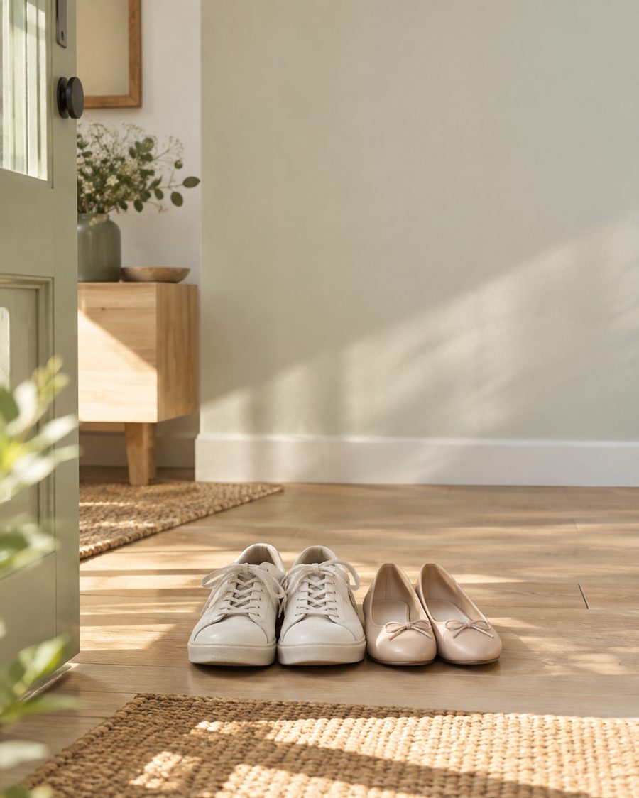 Sapatos de um casal lado a lado na entrada de casa
